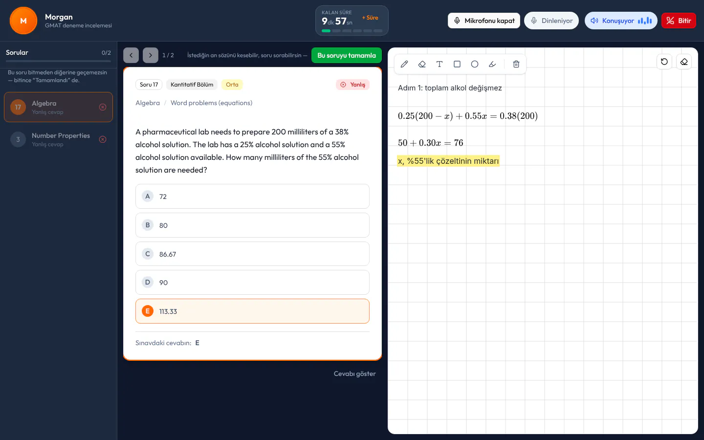 AI Tutor ders ekranı: solda yanlış ve boş bırakılan sorular, ortada bir GMAT Quantitative karışım sorusu (%25 ve %55'lik çözeltiler), sağda AI Tutor'un tahtaya alt alta yazdığı adımlar.